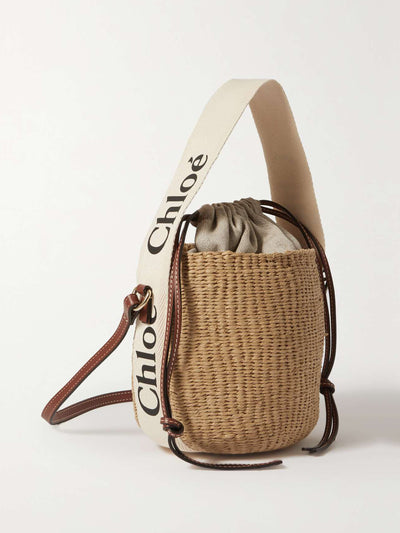 Chloé Woody small leather-trimmed raffia basket bag at Collagerie