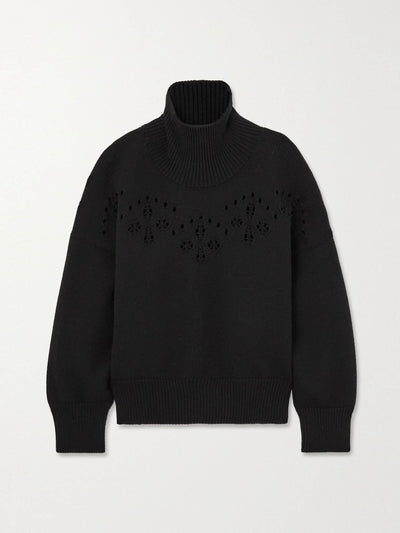 Chloé Black pointelle-knit wool turtleneck sweater at Collagerie