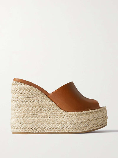 Christian Louboutin Brown leather raffia-wedge mules at Collagerie