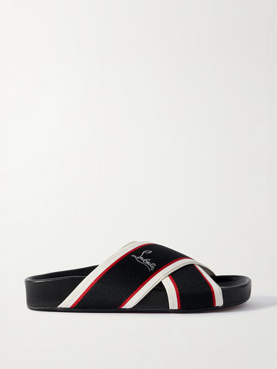 Christian Louboutin Hot Cross Bizz striped grosgrain slides at Collagerie