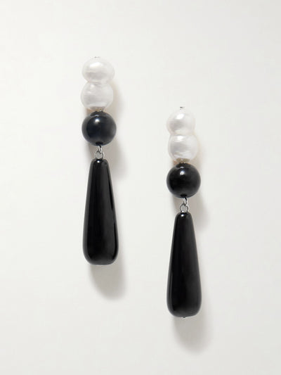 Completedworks Tarn II recycled silver, onyx and pearl earrings at Collagerie