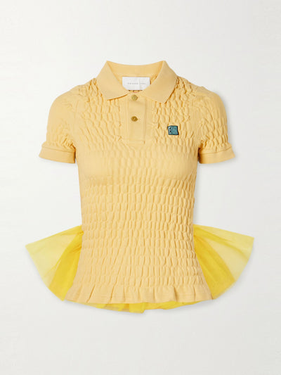 Conner Ives Tulle-trimmed shirred organic cotton-piqué shirt at Collagerie