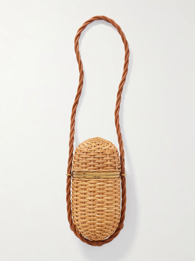 Cult Gaia Amulet leather-trimmed rattan clutch at Collagerie