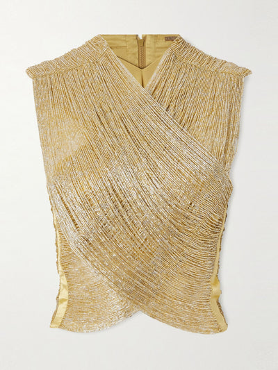 Cult Gaia Haisley cropped satin-trimmed beaded mesh top at Collagerie