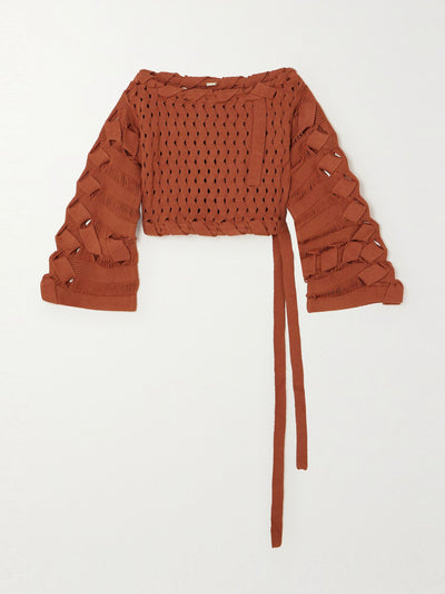 Cult Gaia Brown open-knit cotton-blend top at Collagerie