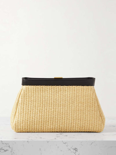 Demellier Cannes leather-trimmed raffia clutch bag at Collagerie