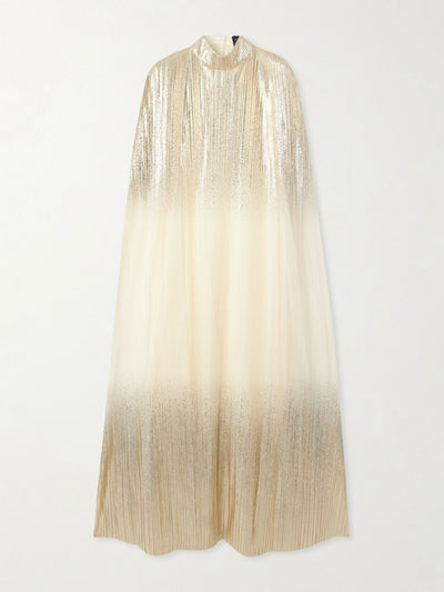 Dima Ayad Metallic plissé-tulle gown and cape set at Collagerie