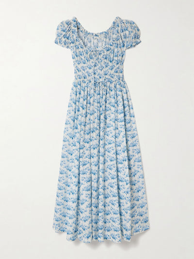 Dôen Ashlynn tie-detailed shirred floral-print organic cotton-voile midi dress at Collagerie