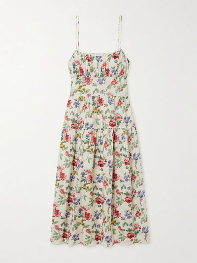 Dôen Benoit gathered tiered floral-print ramie midi dress at Collagerie