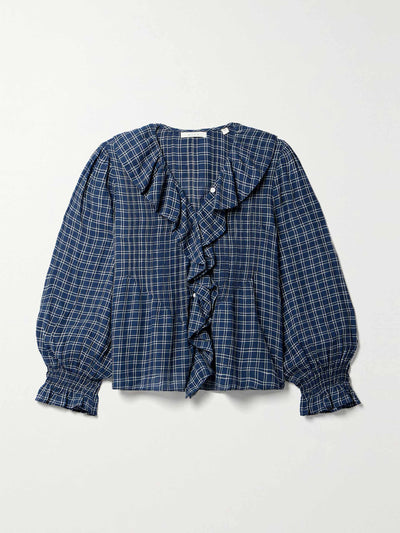 Dôen Hardy ruffled pintucked checked cotton blouse at Collagerie