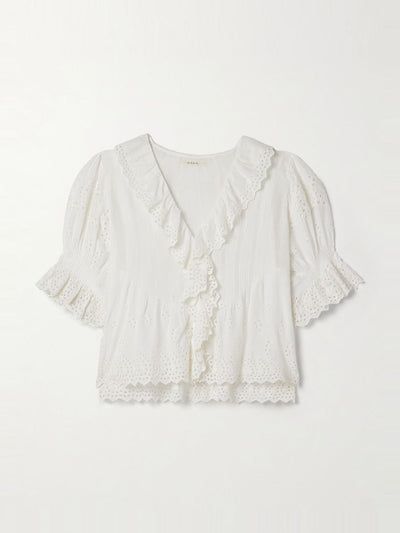 Dôen Henri ruffled pintucked broderie anglaise cotton top at Collagerie