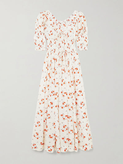 Dôen Ischia shirred floral-print organic cotton-blend voile midi dress at Collagerie