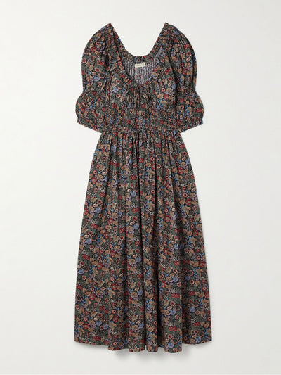 Dôen Ischia shirred floral-print organic cotton-voile midi dress at Collagerie
