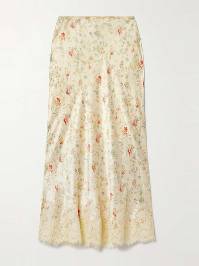 Dôen Elowen lace-trimmed floral-print silk-charmeuse midi skirt at Collagerie