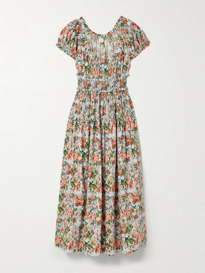 Dôen Leanne shirred floral-print cotton-voile midi dress at Collagerie
