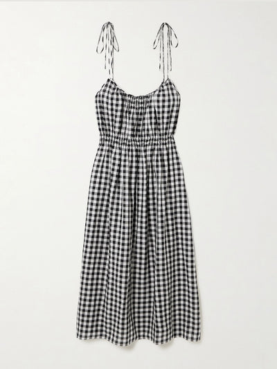 Dôen Leslie tie-detailed smocked gingham voile midi dress at Collagerie