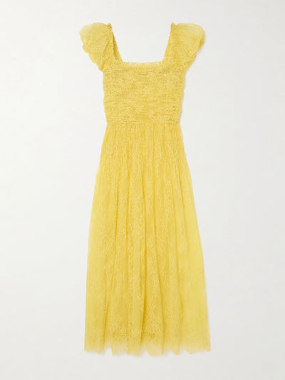 Dôen Pamelina ruffled shirred lace midi dress at Collagerie