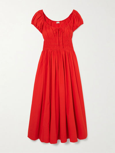Dôen Quinn tie-detailed shirred organic cotton-poplin midi dress at Collagerie