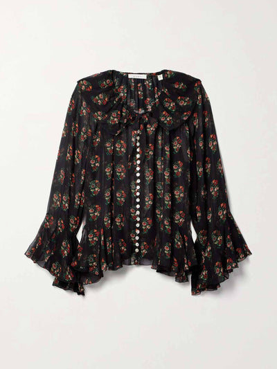 Dôen Ruffled floral-print silk-georgette blouse at Collagerie