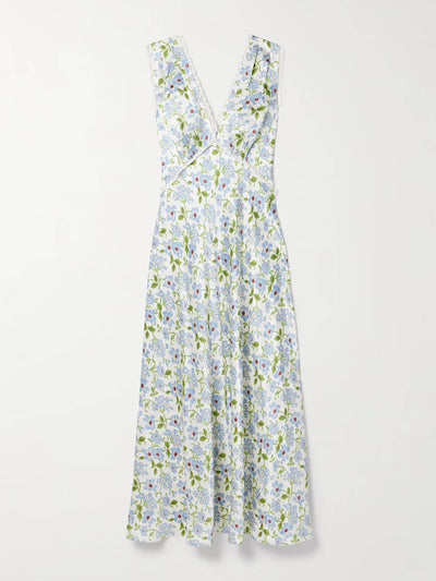 Dôen Tahlia lace-trimmed floral-print silk-charmeuse midi dress at Collagerie