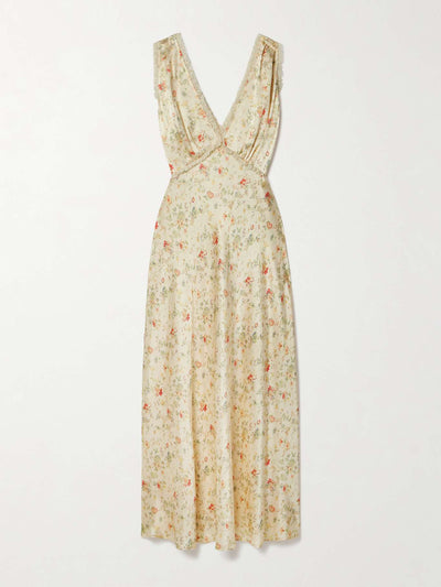 Dôen Tahlia lace-trimmed floral-print silk-charmeuse midi dress at Collagerie