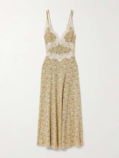 Dôen Venus corded lace-trimmed floral-print silk-crepe midi dress at Collagerie