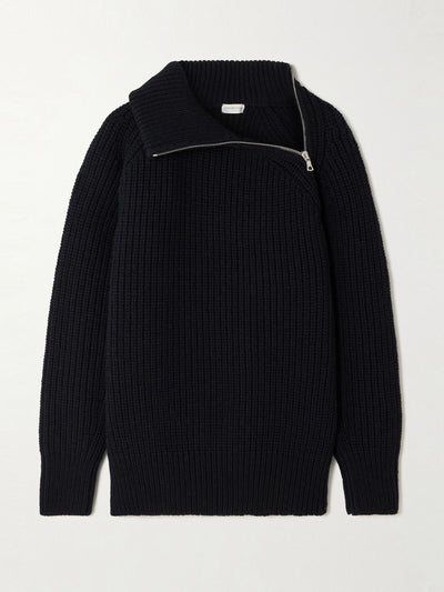 Dries Van Noten Asymmetric ribbed wool turtleneck cardigan at Collagerie