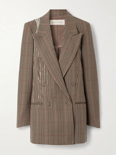 Dries Van Noten Double-breasted crystal-embellished checked wool blazer at Collagerie