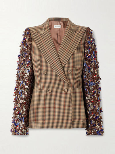 Dries Van Noten Embellished metallic jacquard-crepon and checked wool double-breasted jacket at Collagerie