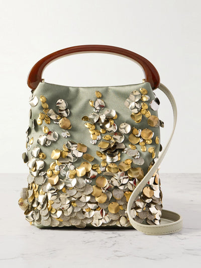 Dries Van Noten Leather-trimmed embellished satin shoulder bag at Collagerie