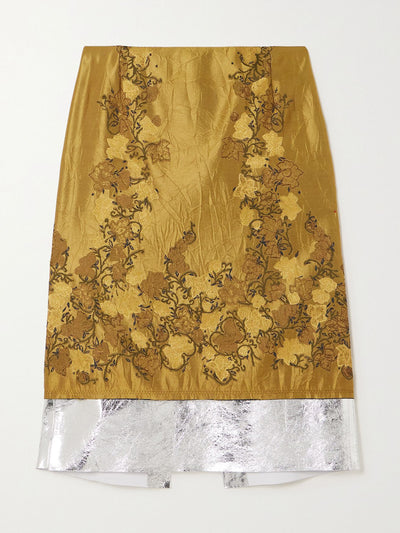 Dries Van Noten Metallic leather-trimmed floral brocade midi skirt at Collagerie