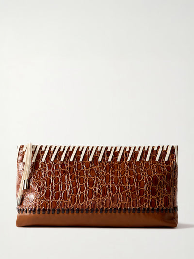 Dries Van Noten Paneled whipstitched croc-effect and smooth leather clutch at Collagerie