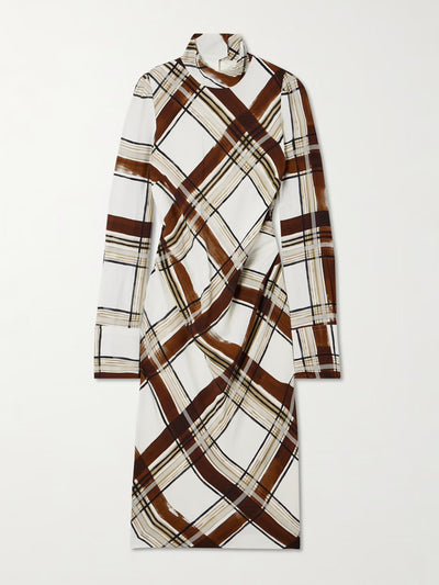 Dries Van Noten Belted checked crepe turtleneck midi dress at Collagerie