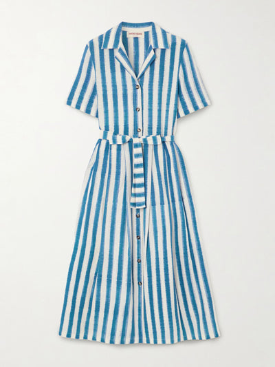 Emporio Sirenuse Claudia belted pleated striped cotton midi shirt dress at Collagerie
