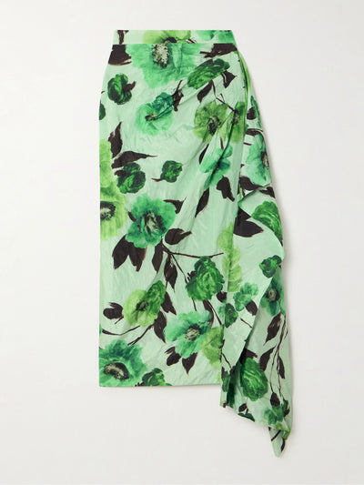 Erdem Asymmetric draped floral-print crinkled-taffeta midi skirt at Collagerie