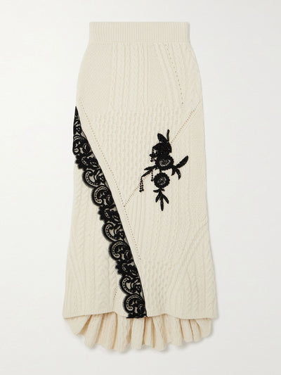 Erdem Lace-trimmed embellished cable-knit wool-blend midi skirt at Collagerie