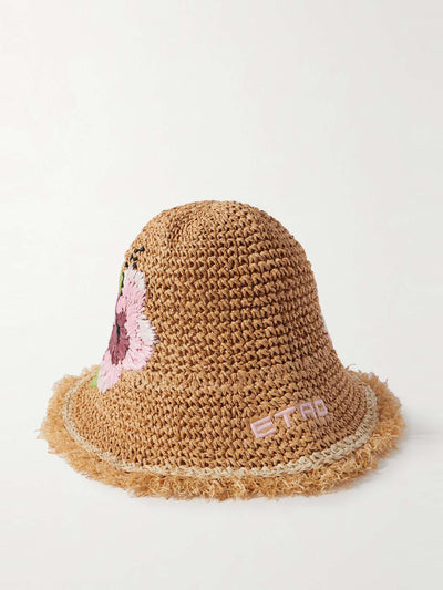 Etro Frayed woven raffia bucket hat at Collagerie