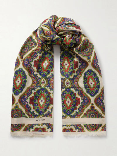 Etro Frayed printed cashmere, silk, and wool-blend scarf at Collagerie