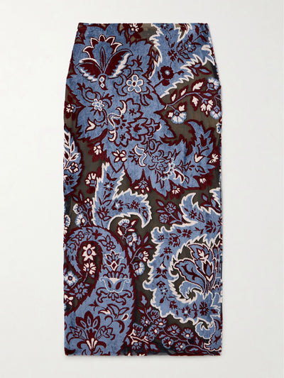 Etro Tulle-trimmed paisley-print velvet midi skirt at Collagerie