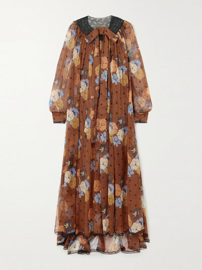 Etro Pussy-bow lace-trimmed printed silk-crepon maxi dress at Collagerie