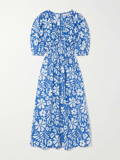 Faithfull The Brand Blue smocked floral-print organic cotton-poplin midi dress at Collagerie