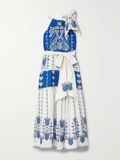 Farm Rio Belted embroidered linen-blend midi dress at Collagerie