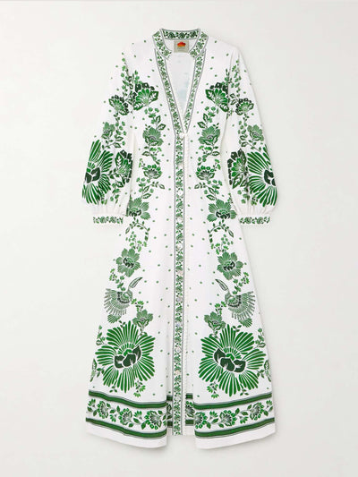 Farm Rio Forest Soul crochet-trimmed floral-print linen-blend maxi dress at Collagerie