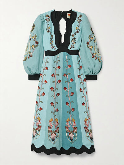 Farm Rio Open-back panelled embroidered linen midi dress at Collagerie