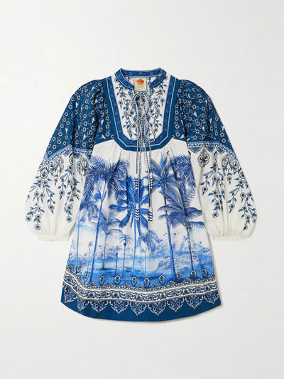 Farm Rio Palm Tree Beach printed linen-blend mini dress at Collagerie