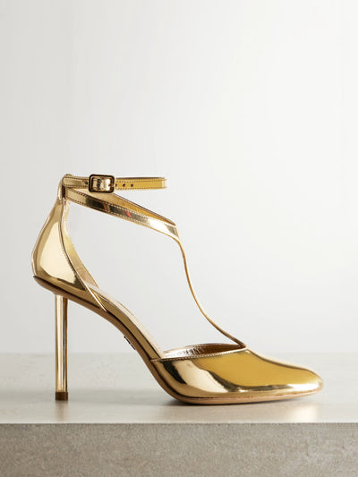 Ferragamo Lysandra metallic patent-leather pumps at Collagerie