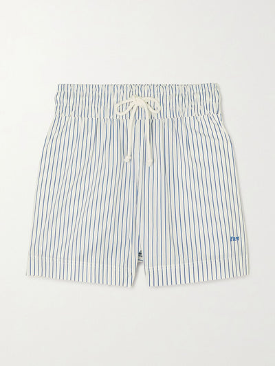Frame White and navy pinstripe shorts at Collagerie