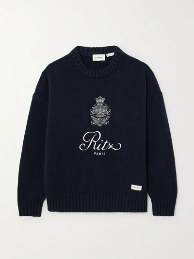 Frame x Ritz Paris Navy embroidered cashmere sweater at Collagerie