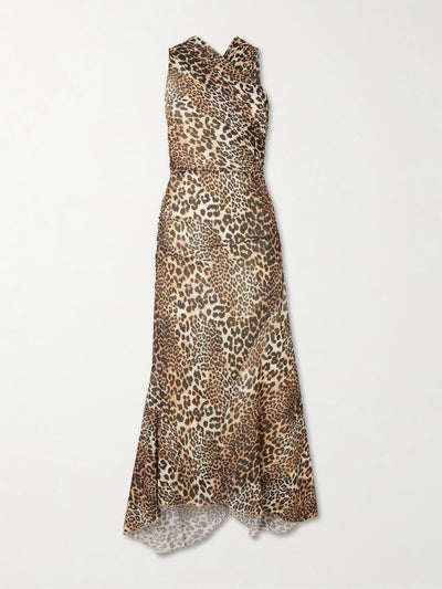 Ganni Asymmetric draped leopard-print stretch recycled-mesh midi dress at Collagerie