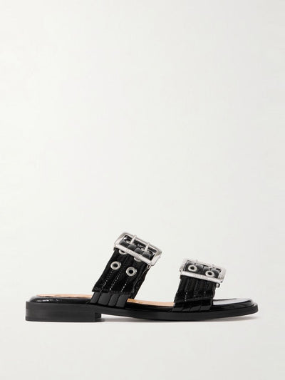 Ganni Buckled eyelet-embellished recycled faux patent-leather sandals at Collagerie